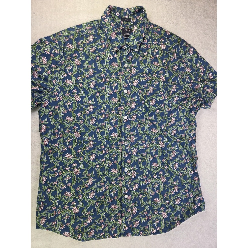 J.Crew Flex Washed Floral Shirt Mens Large Slim Blue Button Up Casual
